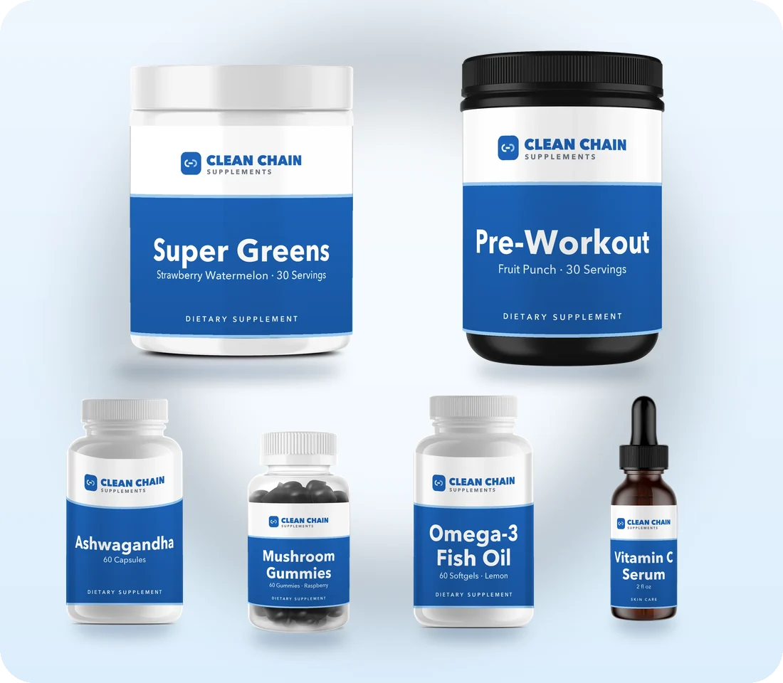 Clean Chain Supplements bottles, tubs and gummy jars in blue and white labels