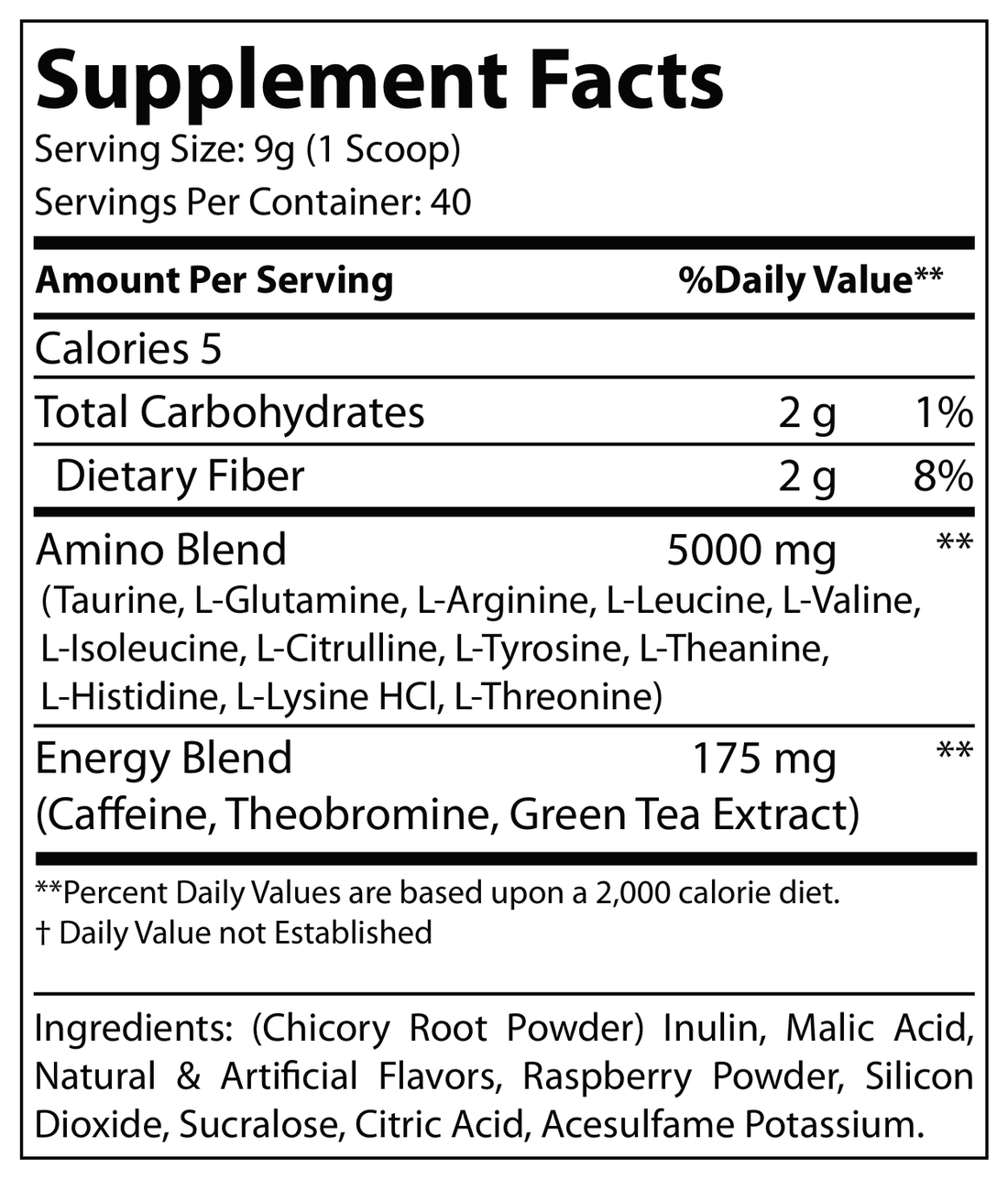 Energy Aminos Raspberry Iced Tea Supplement Facts panel