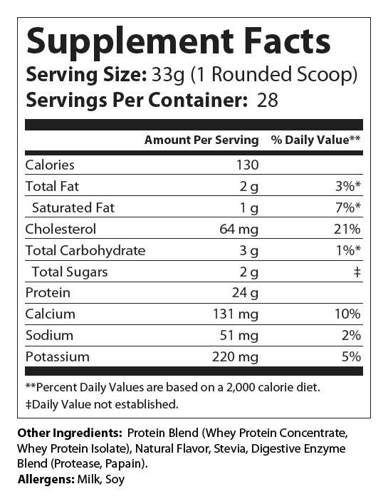 Natural Whey Protein Vanilla Supplement Facts panel