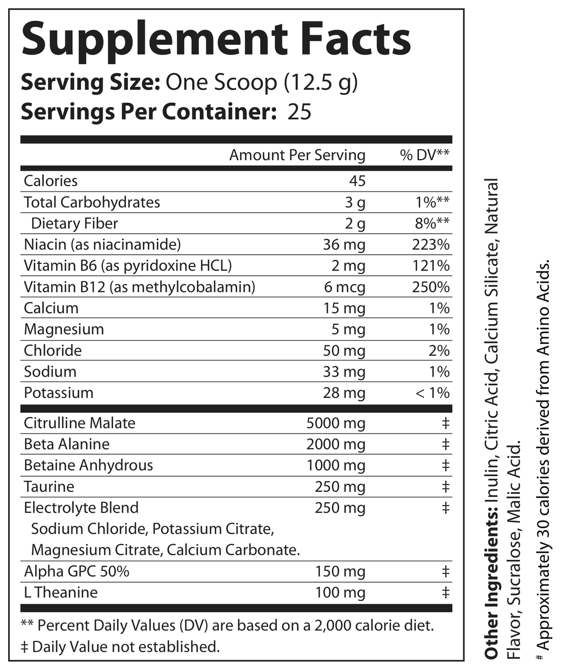 Non-Stim Pump Pre-Workout Pineapple Supplement Facts panel
