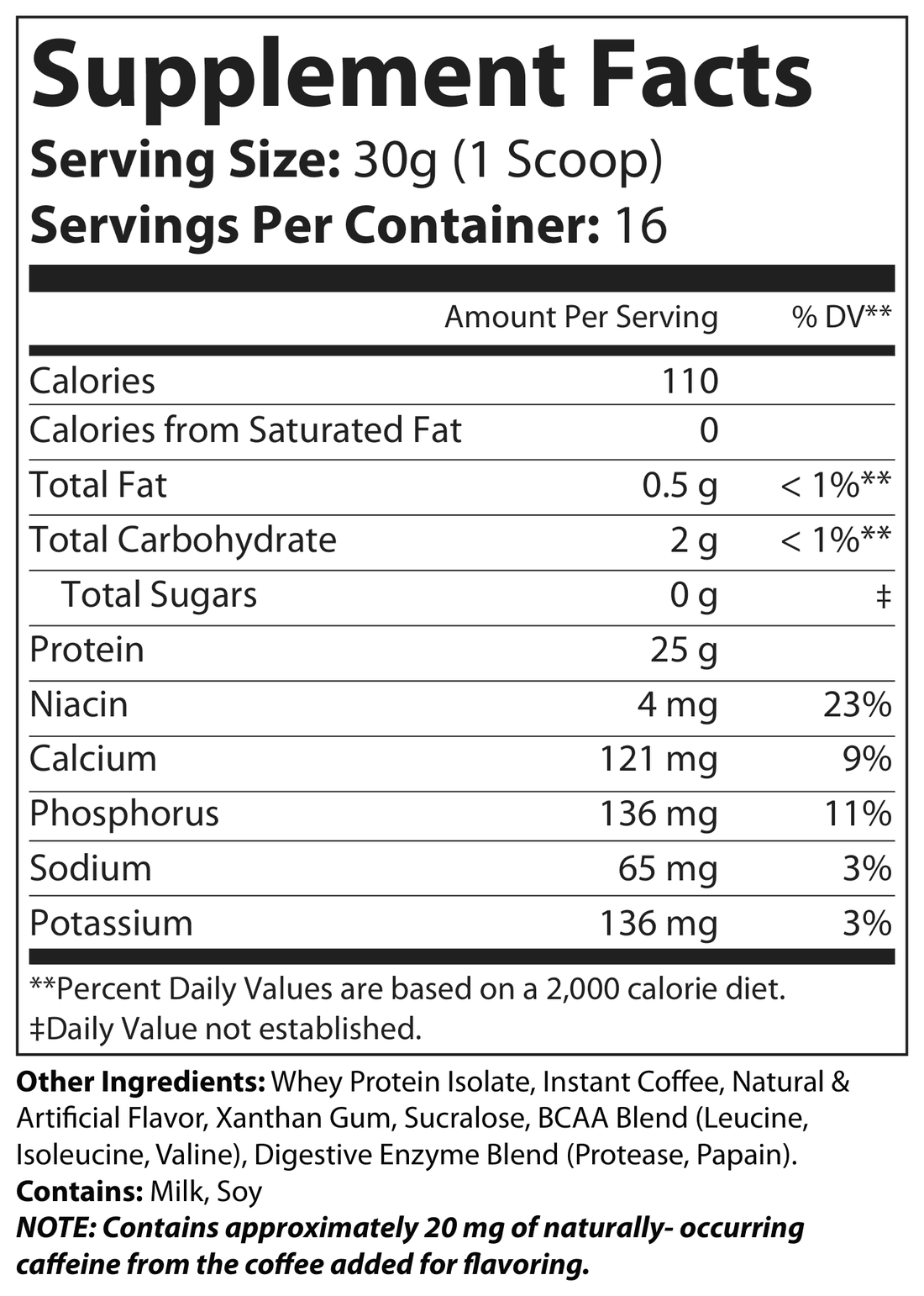 Whey Isolate Cappuccino Supplement Facts panel
