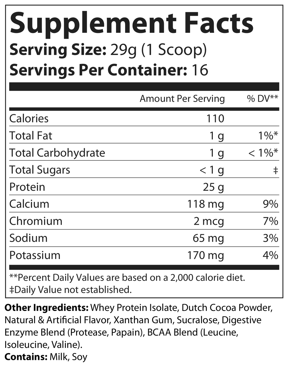 Whey Isolate Chocolate Supplement Facts panel