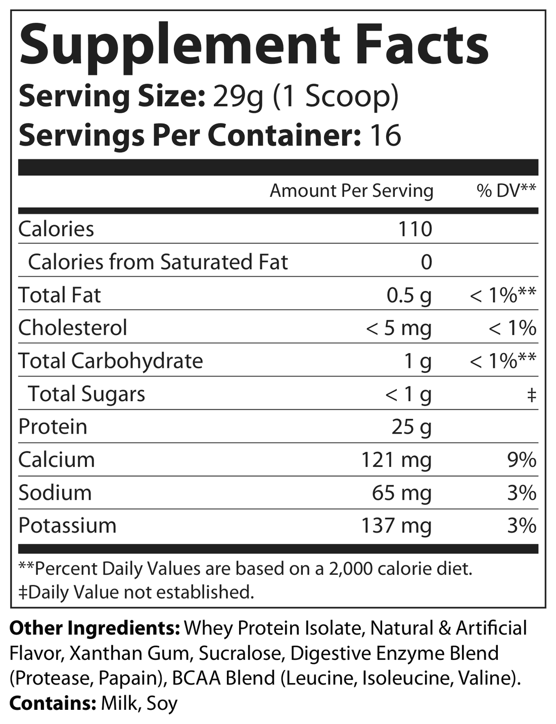 Whey Isolate Vanilla Supplement Facts panel