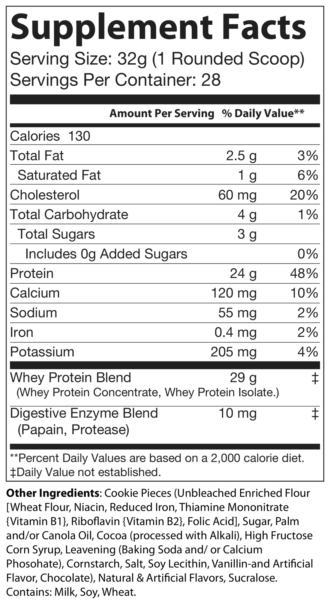 Whey Protein Cookies & Cream Supplement Facts panel