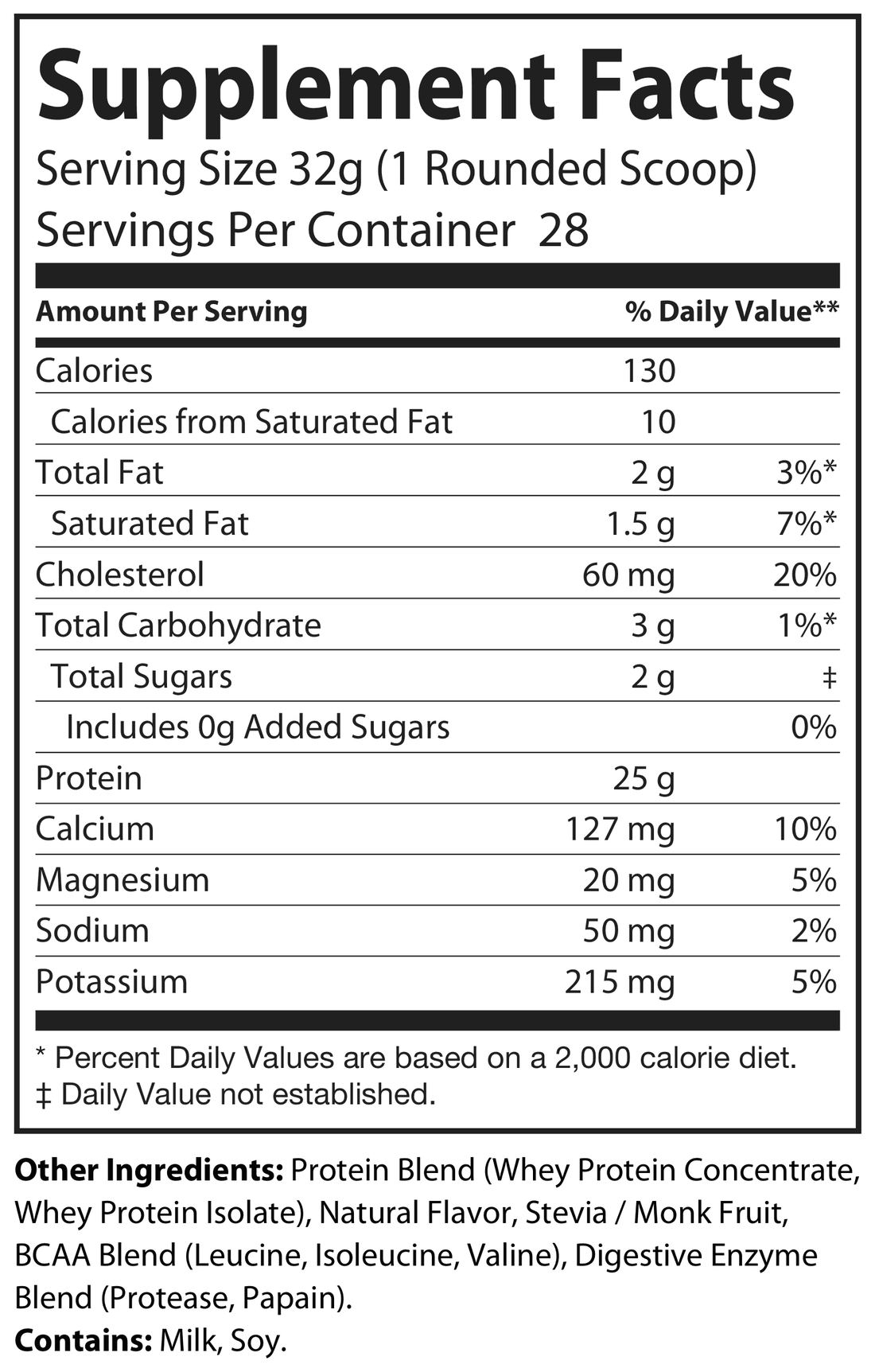 Whey Protein Vanilla Supplement Facts panel